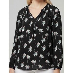 Jaclyn Smith Collection Black Floral V-Neck Tie Peasant Blouse Top Womens XL